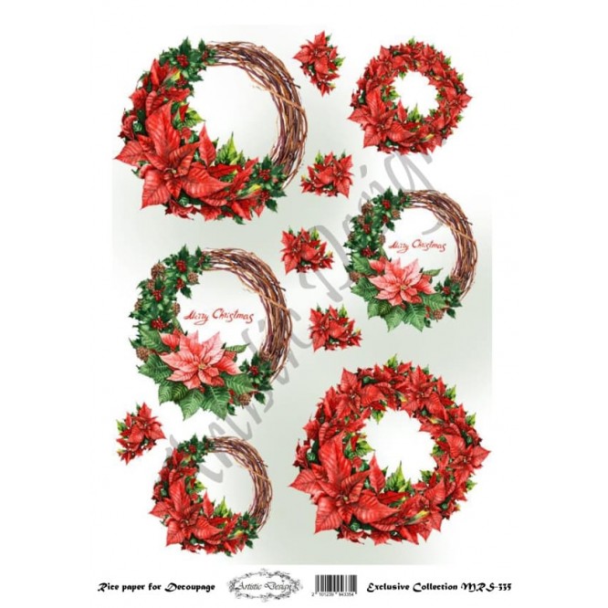 Χριστουγεννιάτικο Ριζόχαρτο Artistic Design για Decoupage Α4, Christmas Στεφάνια / MRS335