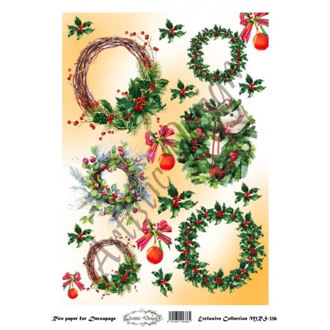 Χριστουγεννιάτικο Ριζόχαρτο Artistic Design για Decoupage Α4, Christmas Στεφάνια / MRS336