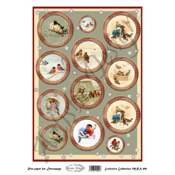 Χριστουγεννιάτικο Ριζόχαρτο Artistic Design για Decoupage Α4, Christmas Birds Rounds / MRS491