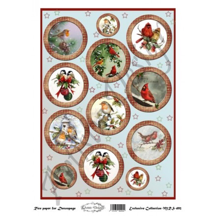 Χριστουγεννιάτικο Ριζόχαρτο Artistic Design για Decoupage Α4, Christmas Birds Rounds / MRS492