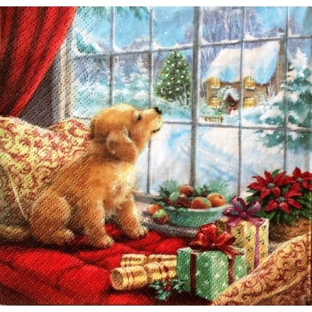 Χριστουγιεννιάτικη Χαρτοπετσέτα για Decoupage, Puppy on Window Seat / 310719