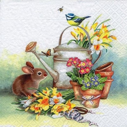 Πασχαλινή Χαρτοπετσέτα για Decoupage, Bunny with Watering Can / 380013